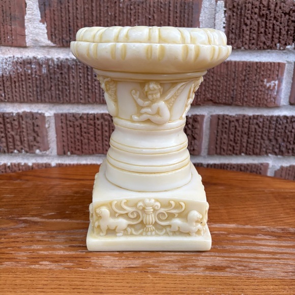 Vintage Marble Look Pedestal Stand Candle Holder Carved Angels and Lions - Picture 1 of 8